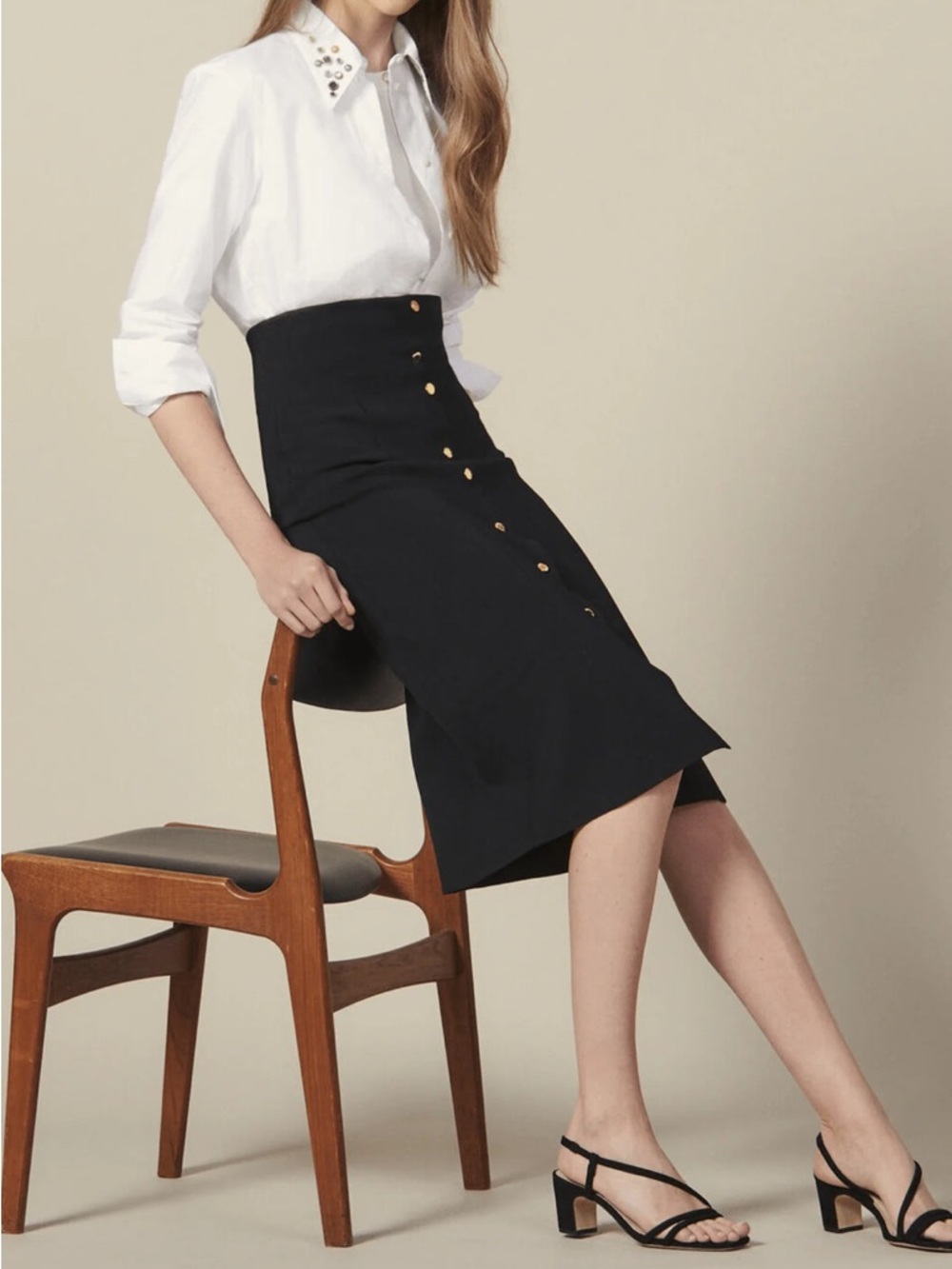Sandro - High-Rise Black Midi Skirt with Gold Button Stretch Sz(1)Small 2-4 - Picture 4 of 6
